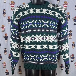 Vintage Brittany Bay green & white geo  chunky knit pullover casual XL sweater